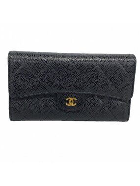 Chanel Trifold Wallet Quilted Caviar Leather Black Gold